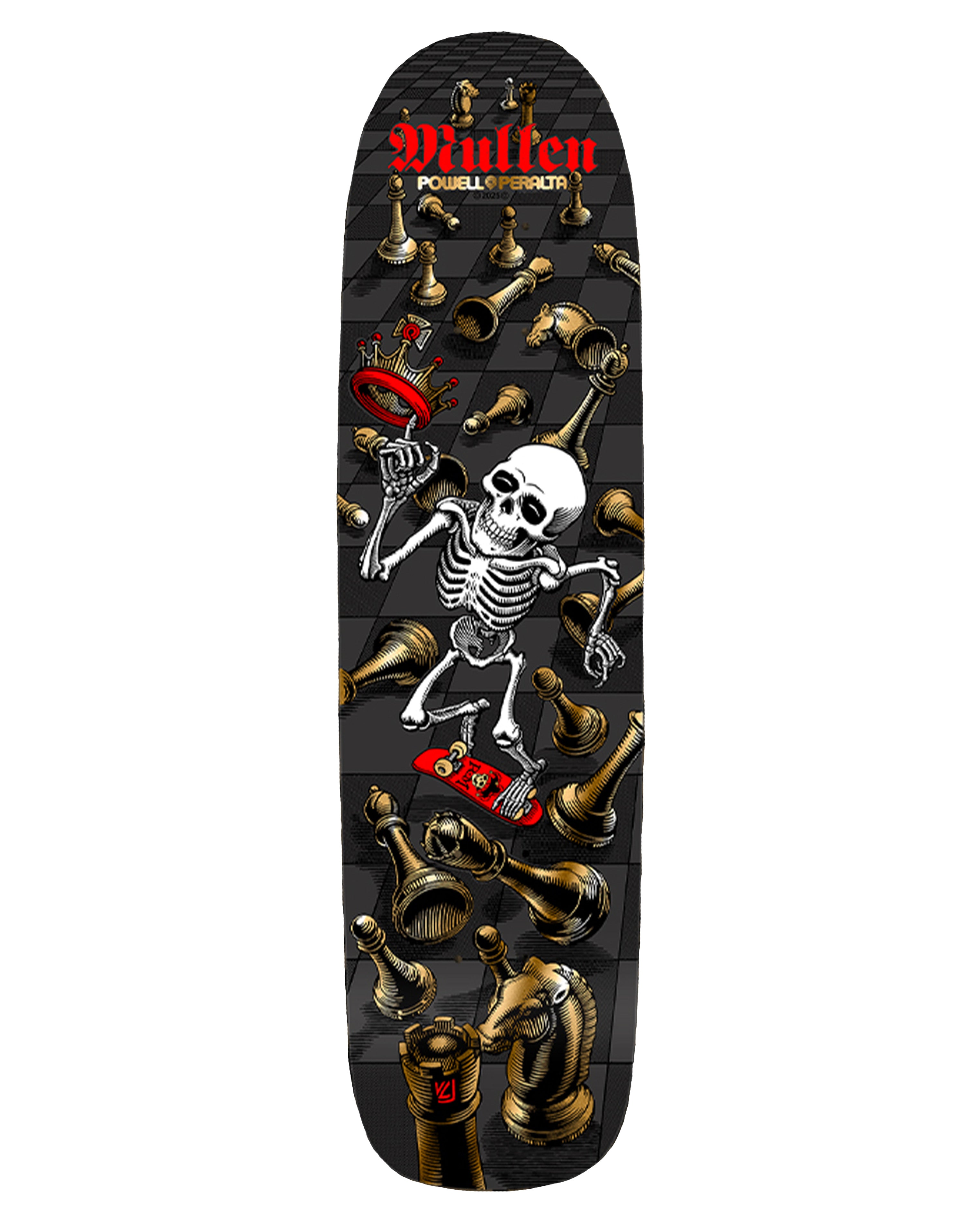 Powell Peralta Rodney Mullen skateboard deck with skeleton and chess piece graphic on black checkerboard