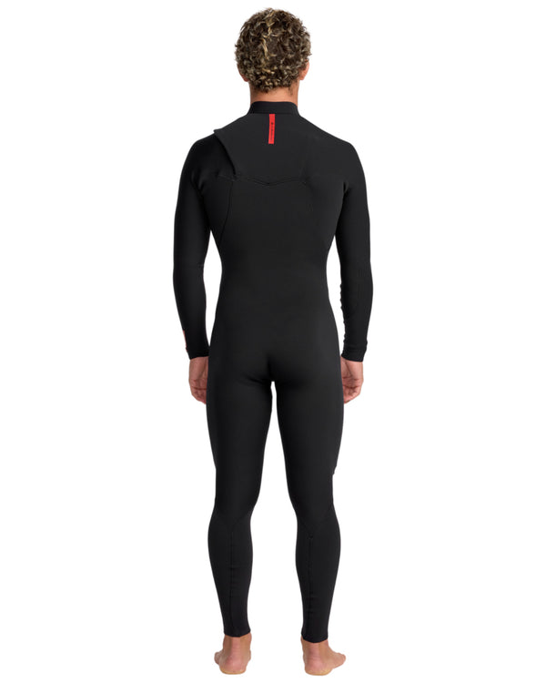 Back view of the same black full-length Quiksilver wetsuit with red branding at the neck.