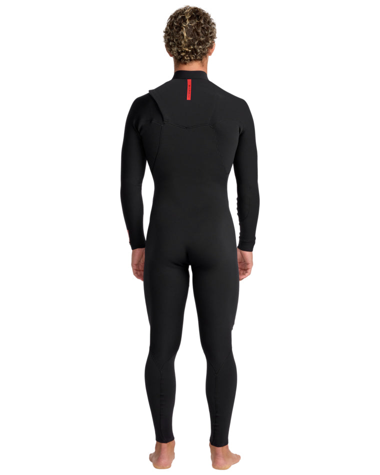 Back view of the same black full-length Quiksilver wetsuit with red branding at the neck.