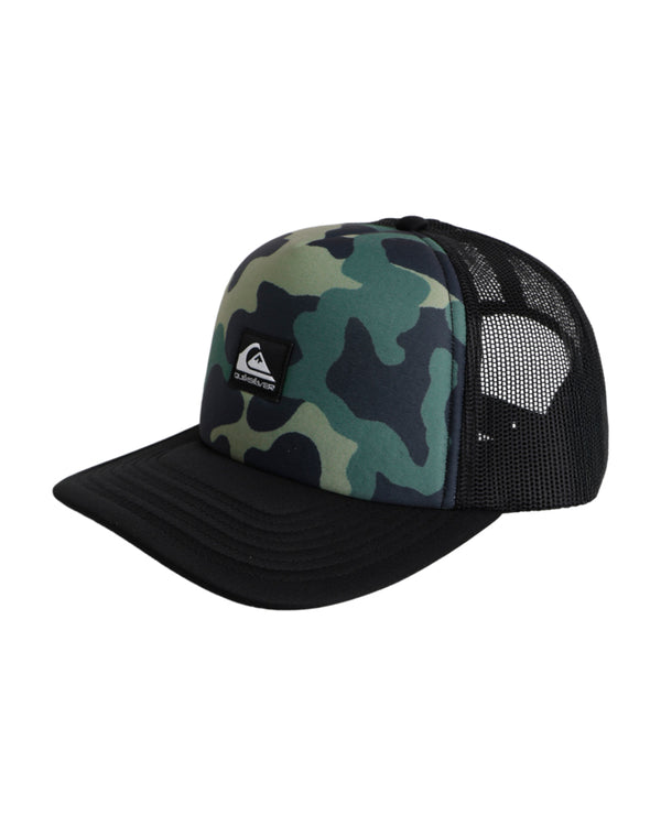 Green camo print Quiksilver cap with a black mesh back and curved brim, featuring a black logo patch on the front panel.