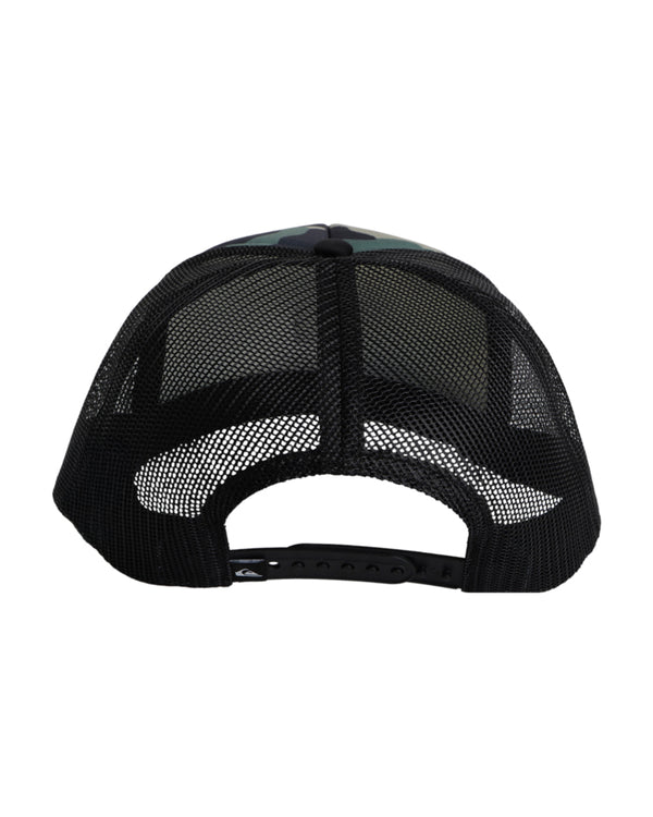 Back view of a Quiksilver cap with black mesh panels, adjustable snap closure, and a green camo print on the front panels.