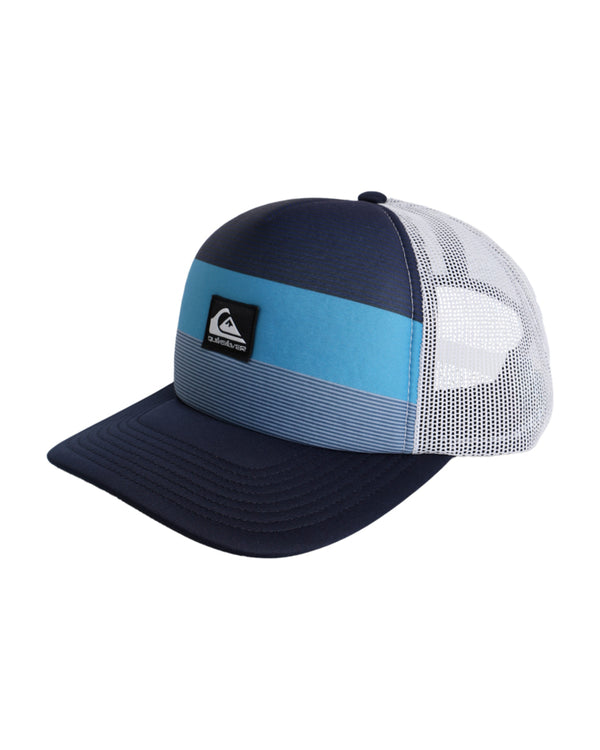 Blue and white trucker cap with a mesh back, Quiksilver logo patch on the front, and gradient stripe design, side view.