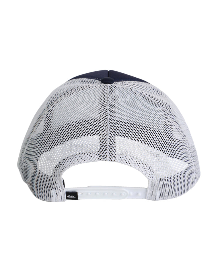 Back view of a trucker cap featuring a white mesh back, adjustable snap closure, and navy blue crown, breathable design.