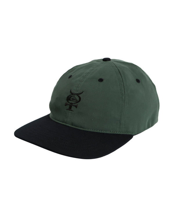 Dark green cap with a black brim featuring an embroidered black logo on the front, designed for casual and outdoor wear.