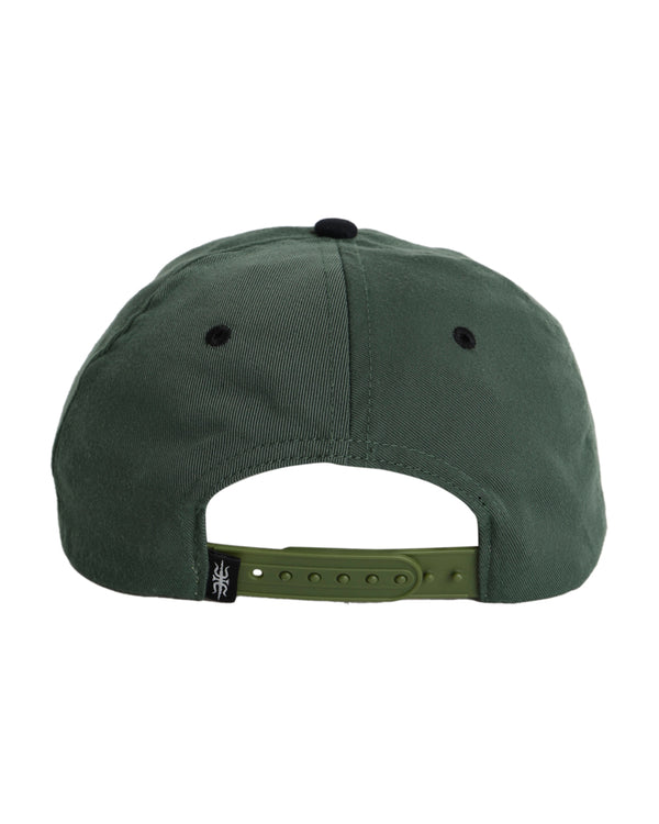 Back view of a dark green cap with an adjustable green snapback strap and black ventilation eyelets for a comfortable fit.