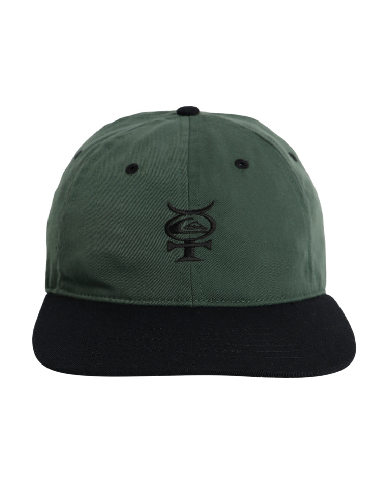 Front view of a dark green cap with a black brim and a black embroidered logo design centered on the front panel.