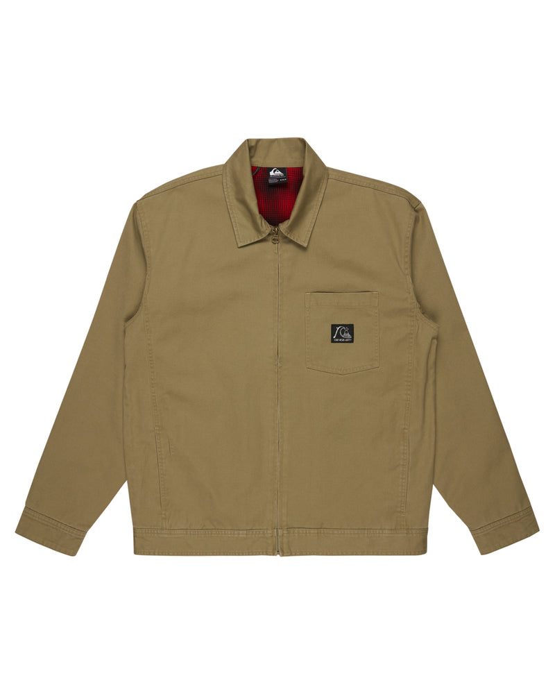 Khaki Quiksilver workwear jacket with a zip-up front, chest logo patch, and a red plaid inner lining, laid flat.