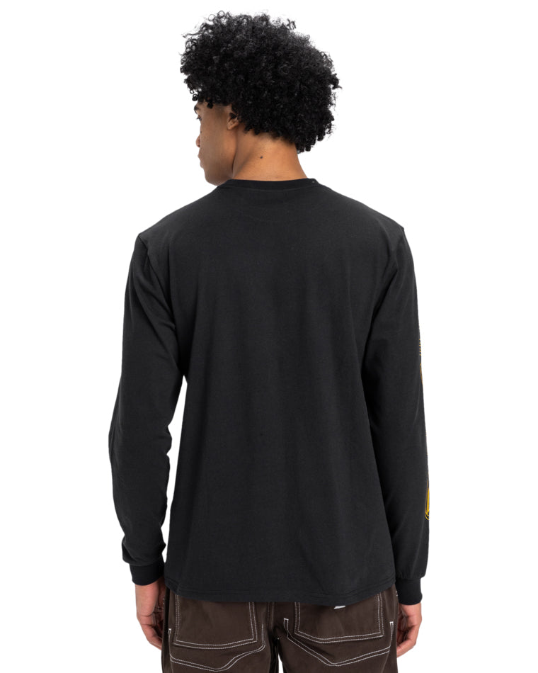 Model wearing a black long-sleeve T-shirt viewed from the back, featuring a relaxed fit with no visible branding or design.