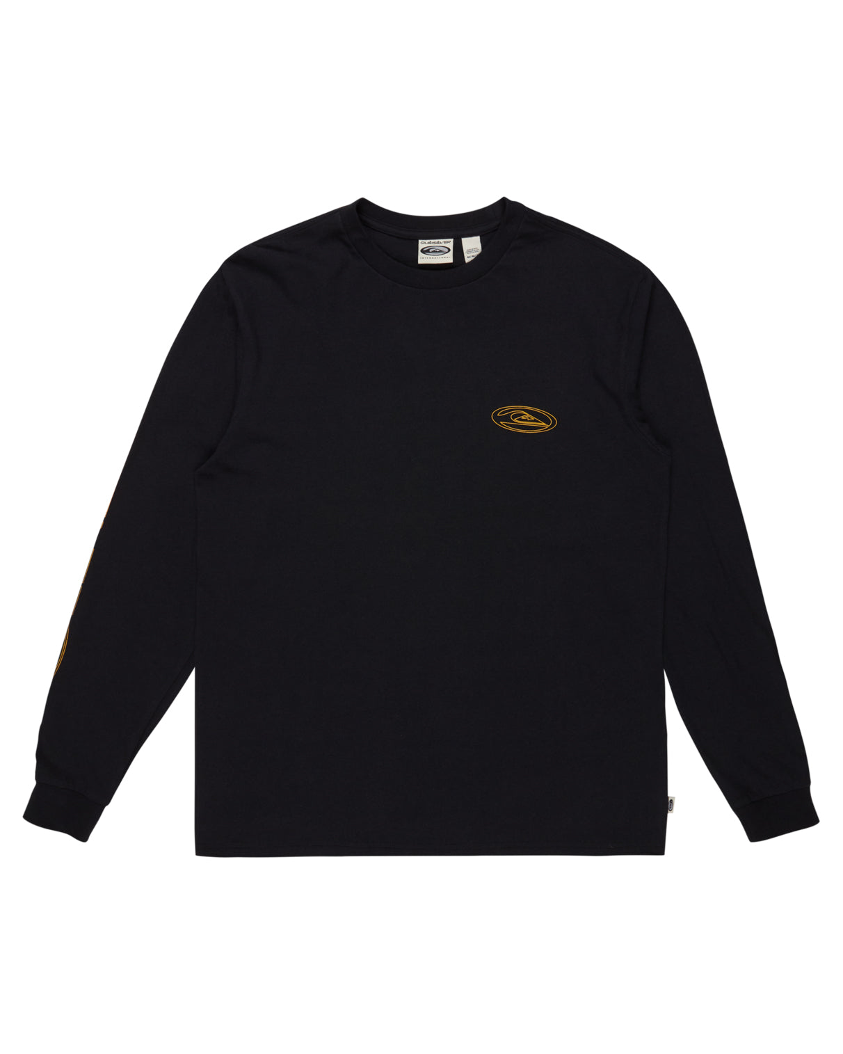 Black Quiksilver long-sleeve T-shirt laid flat, featuring a small yellow logo on the chest and branding on the sleeve.