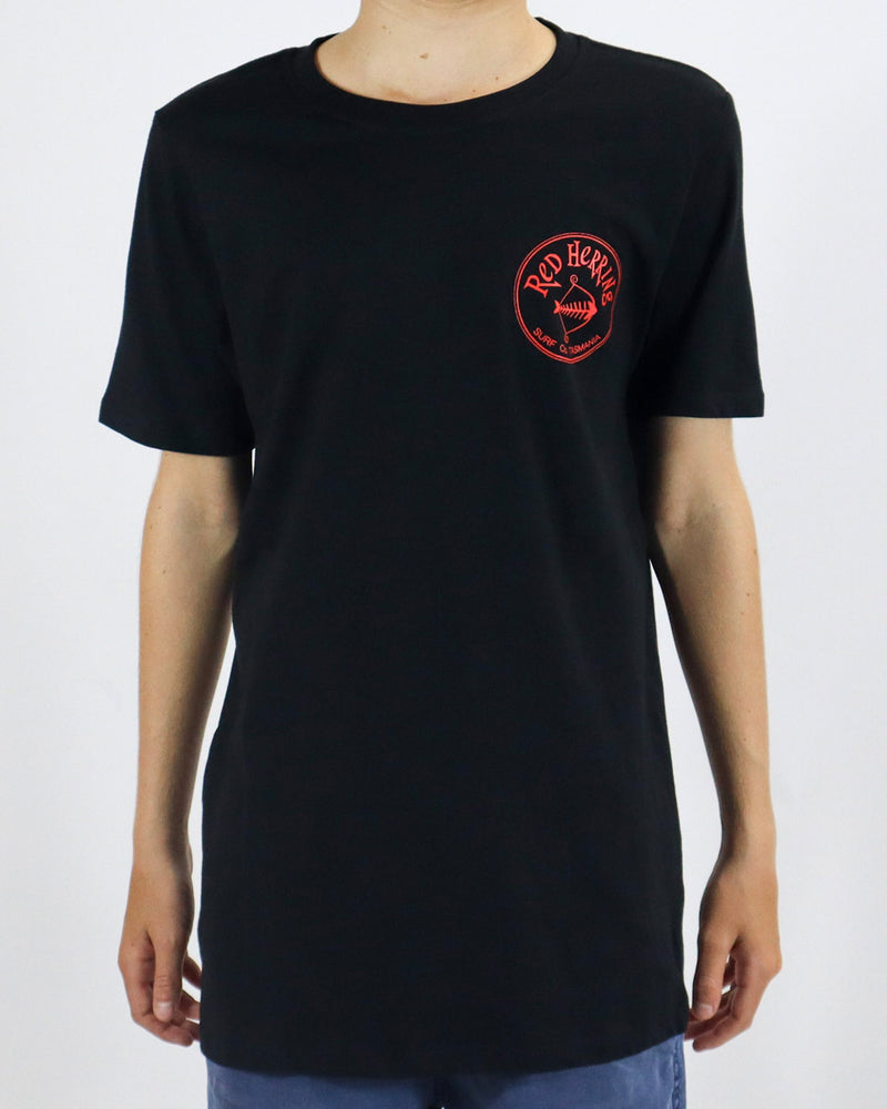 Front view of a black Red Herring t-shirt with small red circular logo on the left chest