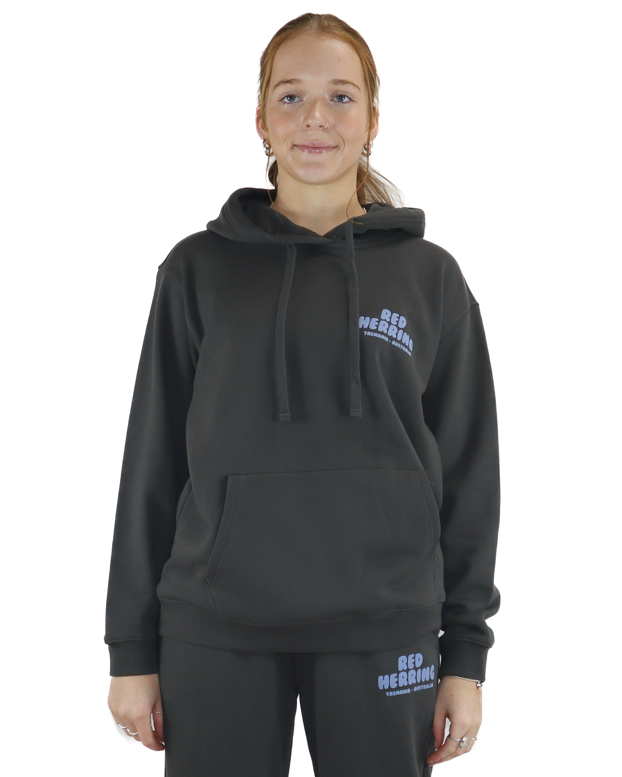 Black hoodie with front pocket and Red Herring Tasmania Australia logo on chest