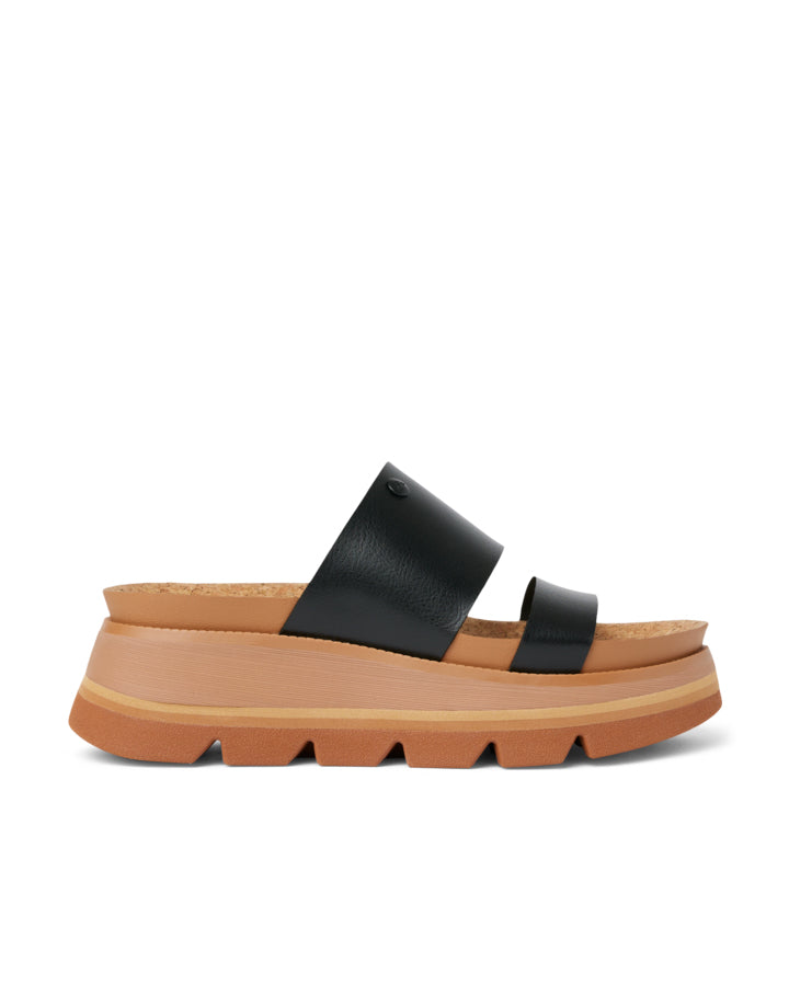 Side view of black two-strap platform sandals with cork footbed and chunky tan sole