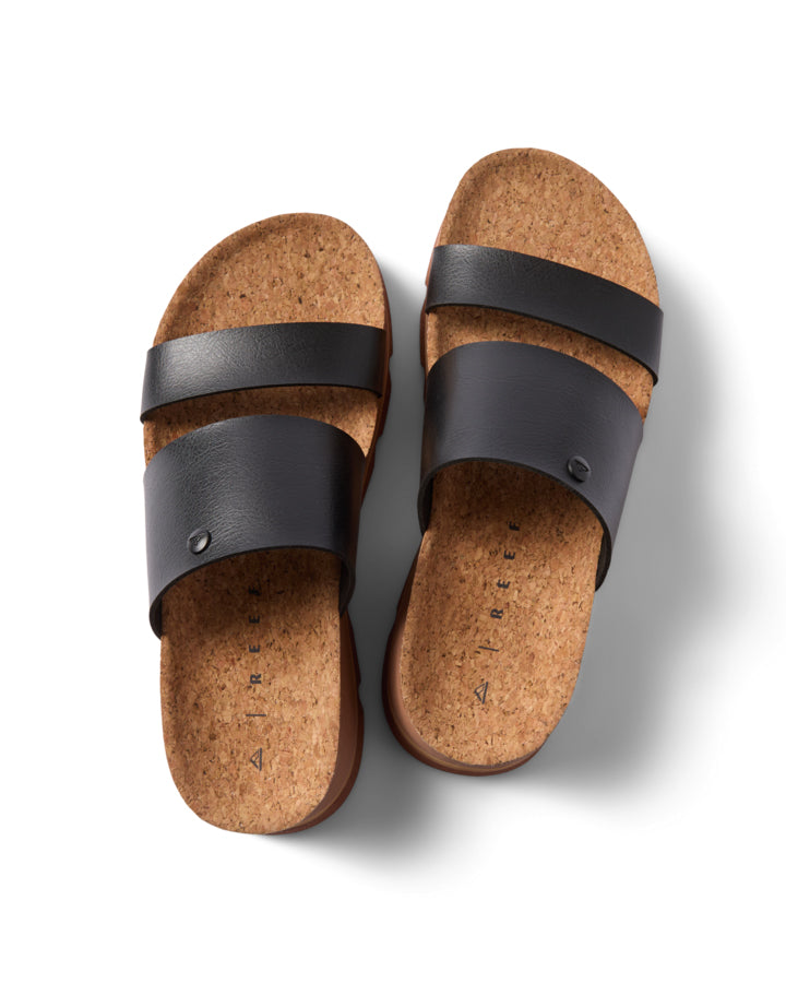Top view of black double strap sandals with cork insole and contoured footbed