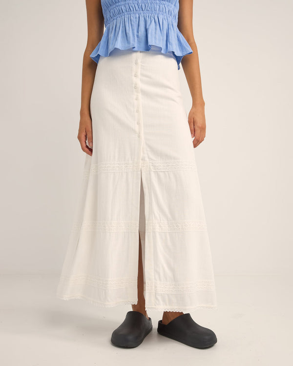 Pearl Button Front Maxi Skirt