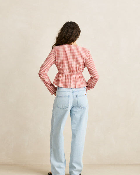 Kirra Check Tie Front Long Sleeve Top