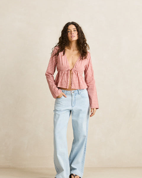 Kirra Check Tie Front Long Sleeve Top