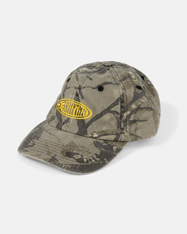 Camo cap with yellow Rhythm logo embroidery and curved brim