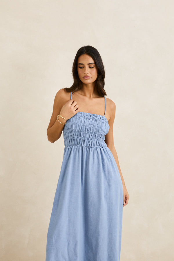 Classic Shirred Midi Dress