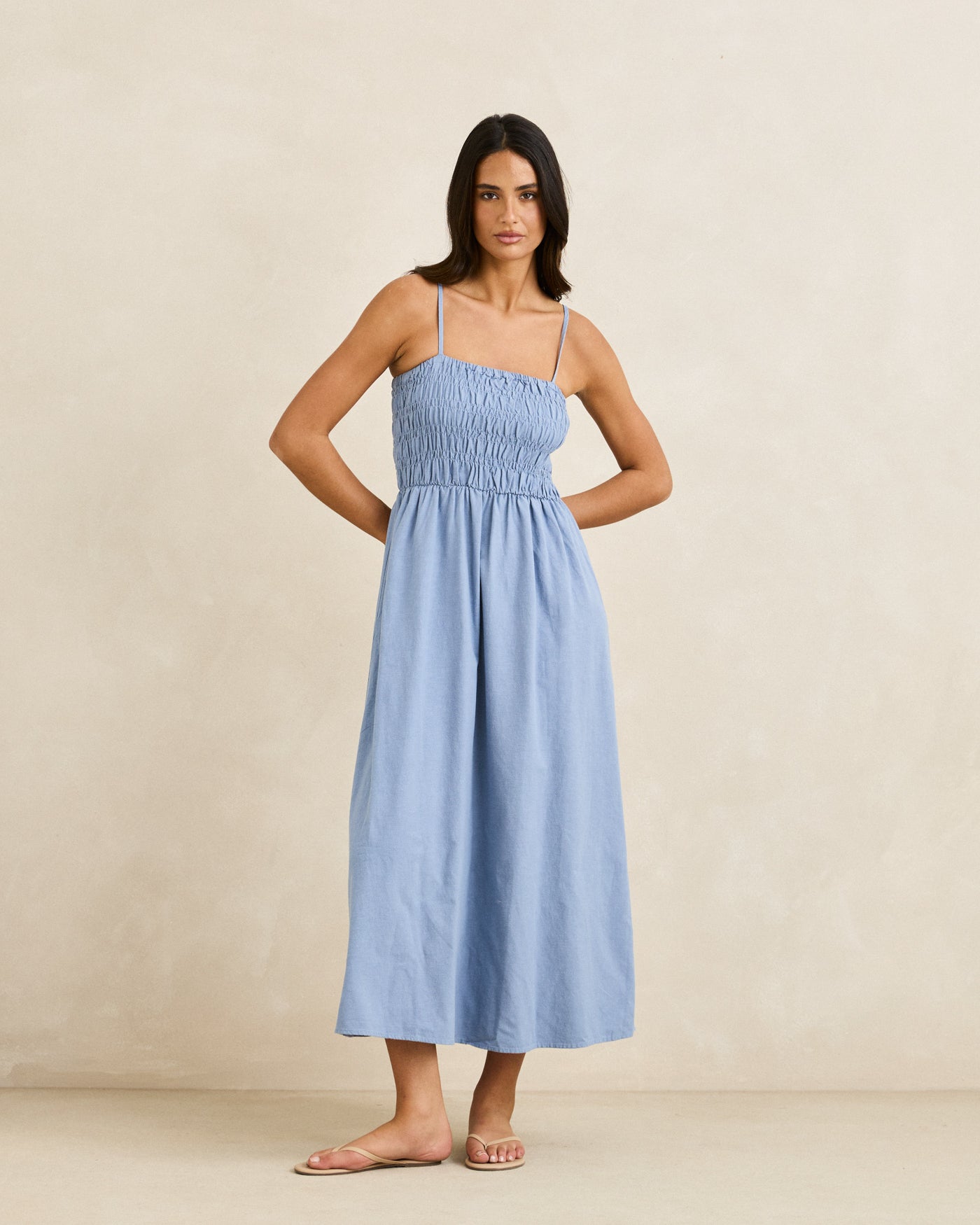 Classic Shirred Midi Dress