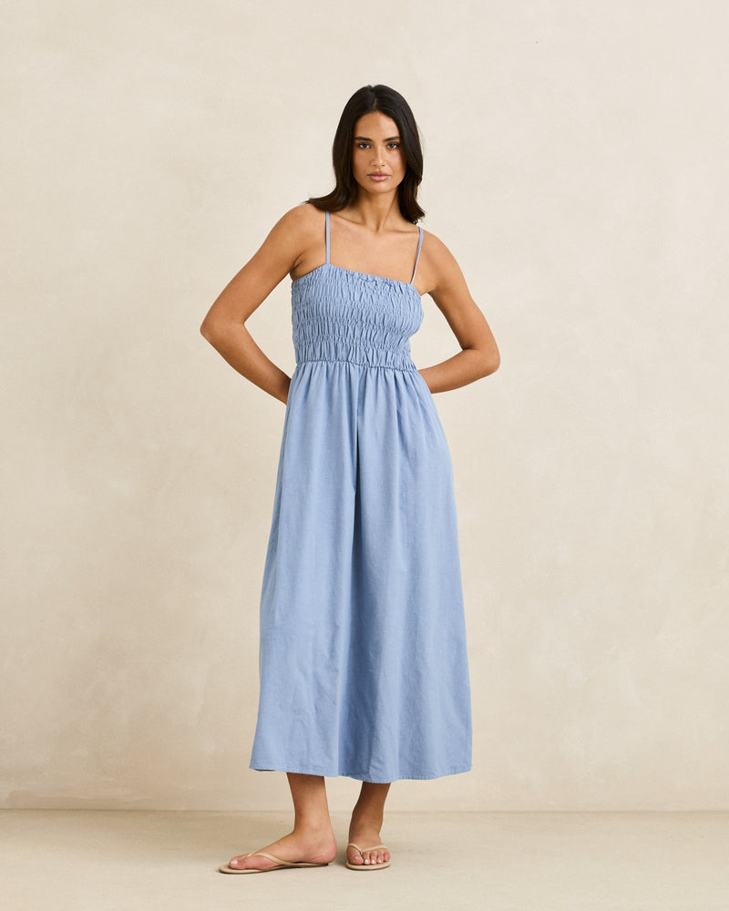 Classic Shirred Midi Dress