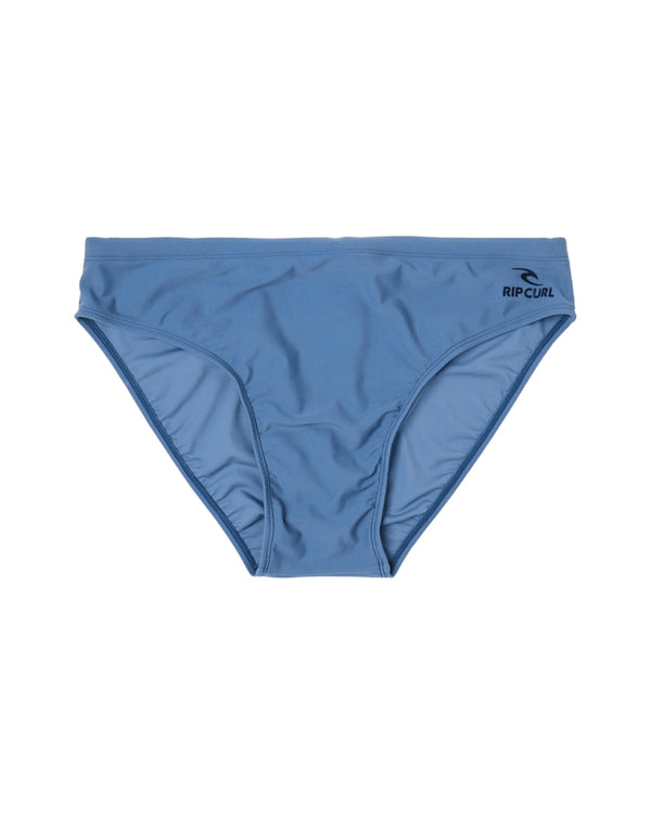 Men's blue Rip Curl swim briefs with black logo on the hip.