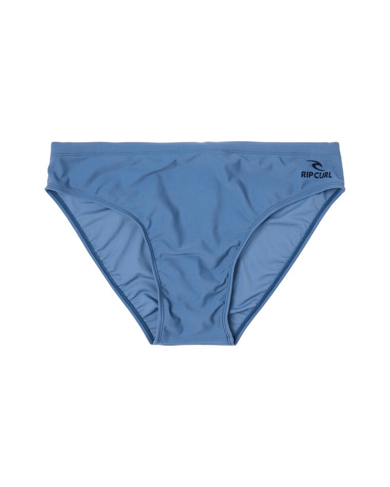 Men's blue Rip Curl swim briefs with black logo on the hip.