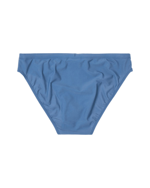 Back view of men's blue Rip Curl swim briefs with clean seam finish.v