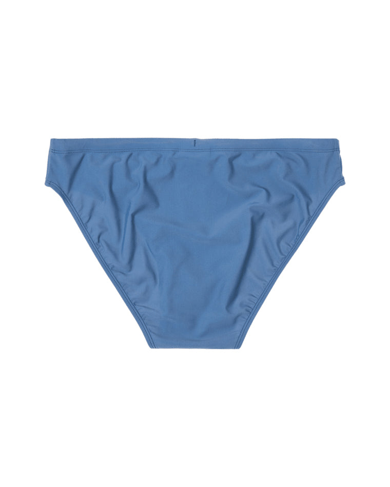 Back view of men's blue Rip Curl swim briefs with clean seam finish.v