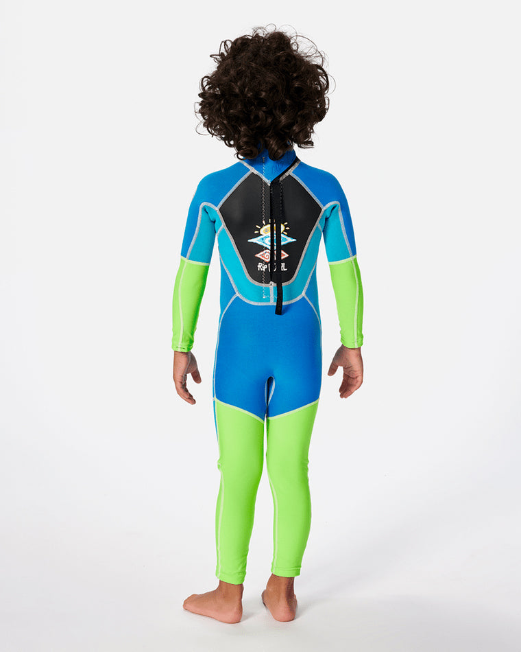 Back view of kids' Rip Curl wetsuit with rear zip and colourful panel design.
