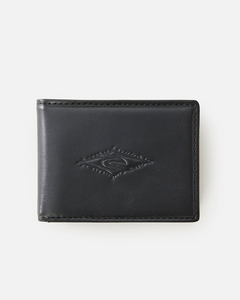 Black leather bifold wallet with an embossed logo on the front, featuring stitched edges and a sleek minimalist design.