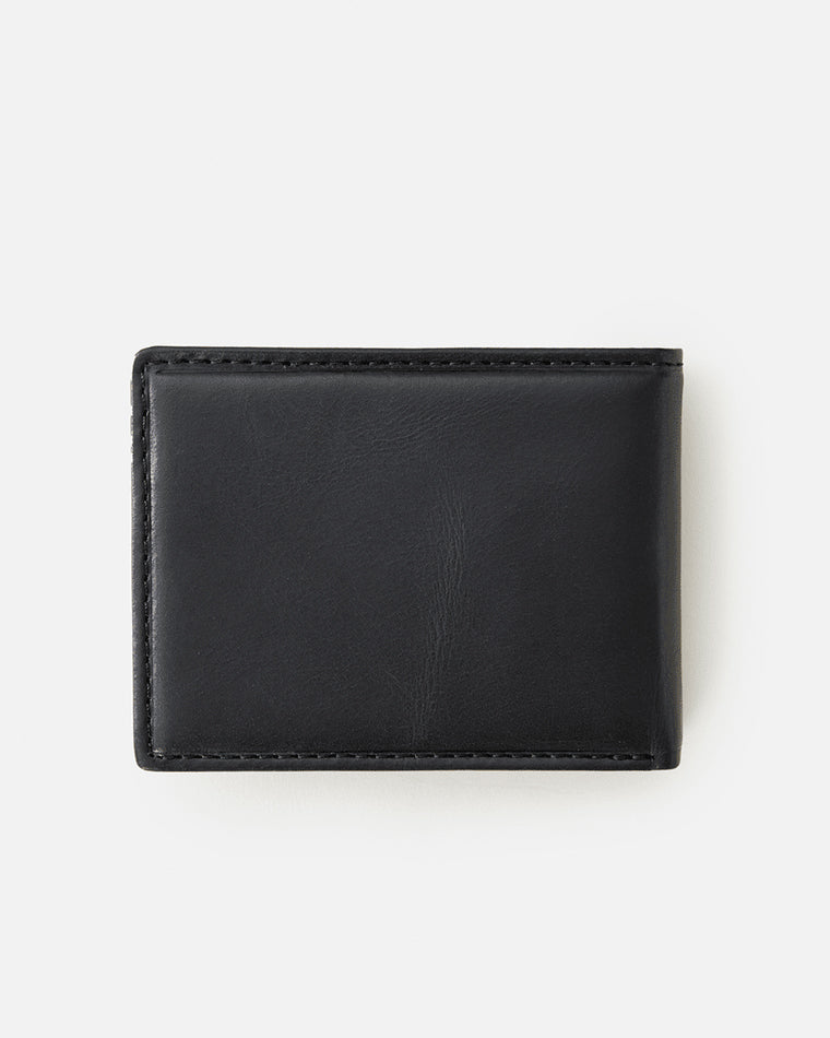 Black leather bifold wallet with a smooth back panel, stitched edges, and a minimalist design for a sleek look.