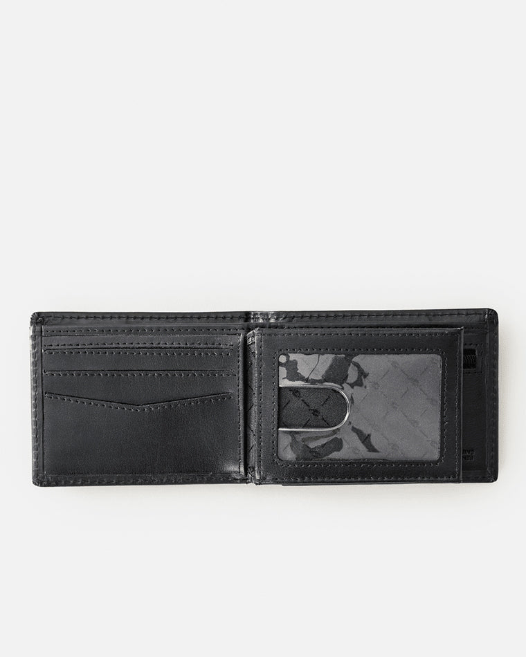 Open black leather bifold wallet featuring multiple card slots and a transparent ID window with a cutout for easy access.