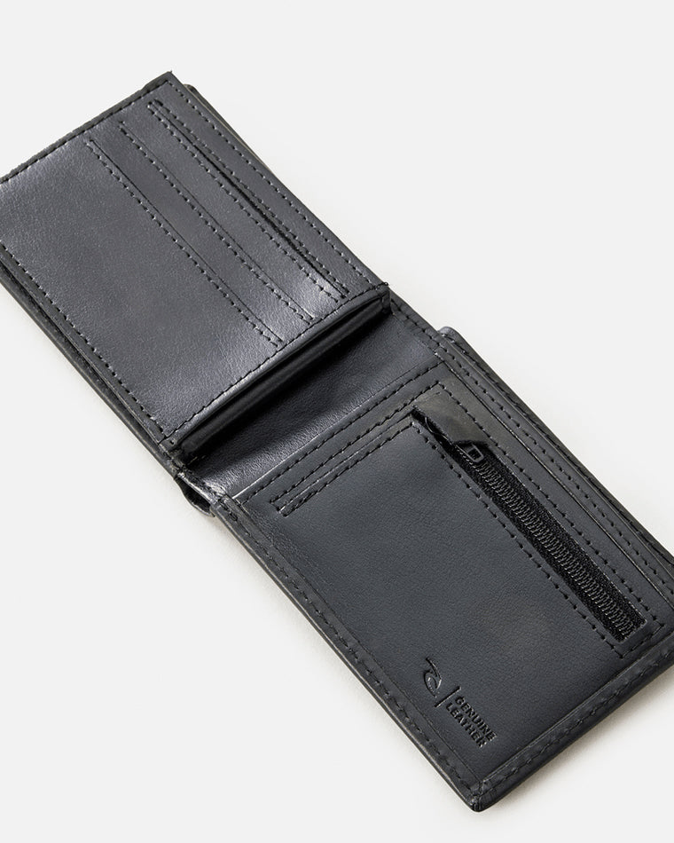 Open black leather bifold wallet featuring multiple card slots, a coin pocket with a zipper, and a cash compartment.