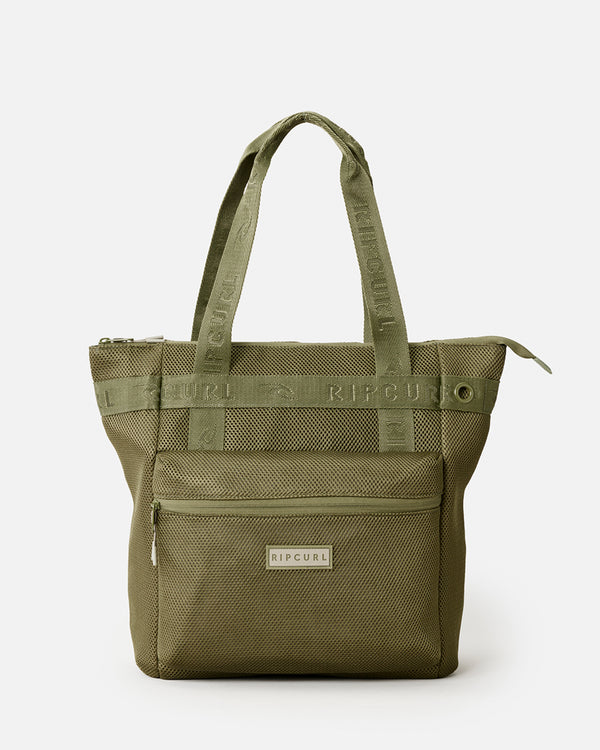 Olive green Rip Curl tote bag with mesh detailing, zippered front pocket, and sturdy branded straps for easy carrying.