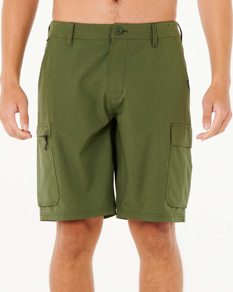 Olive green cargo shorts with button closure, belt loops and dual side flap pockets.