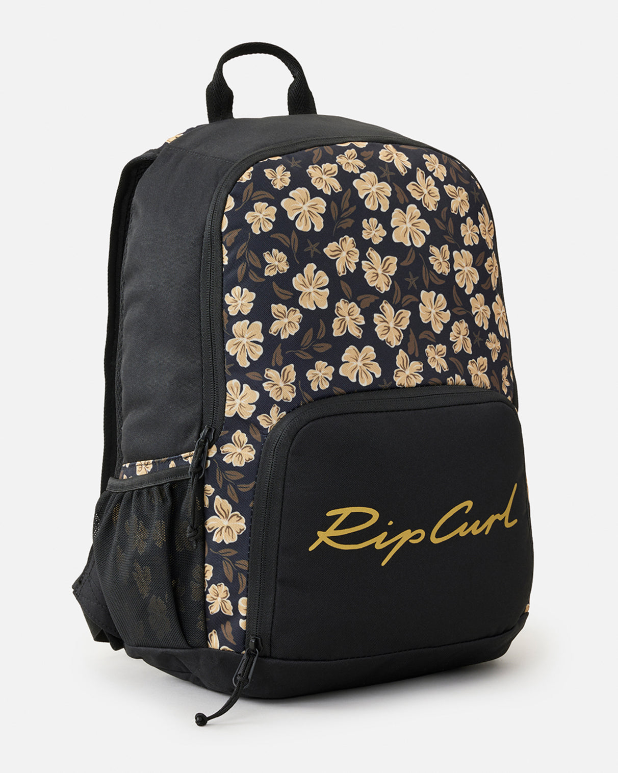 Side view of a black Rip Curl backpack with a beige floral pattern, front zippered pocket, mesh side pocket, and top handle.