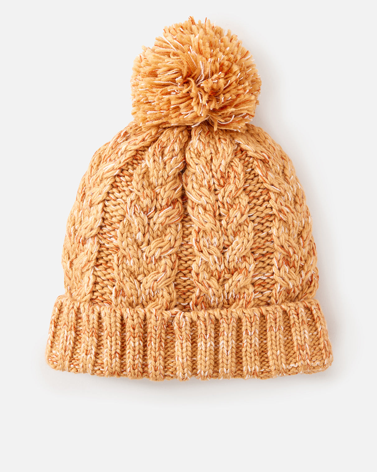 Warm caramel-colored knit beanie with a cable knit design, pom-pom on top, and ribbed fold-over cuff for a cozy winter look.