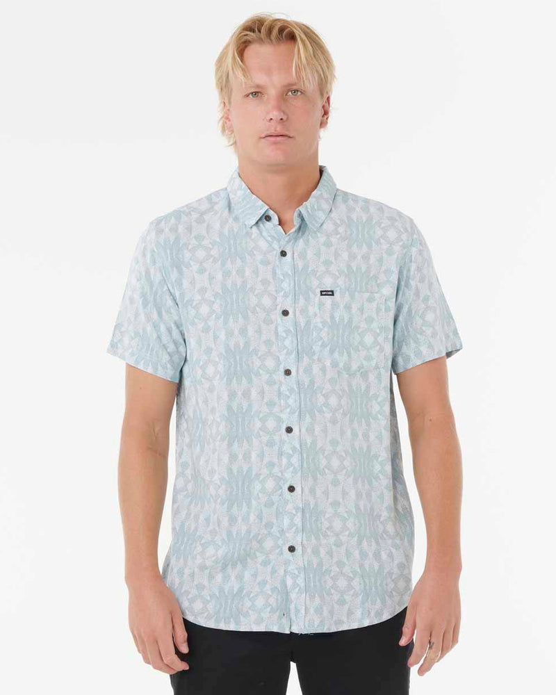 Light blue patterned short sleeve shirt with button front.