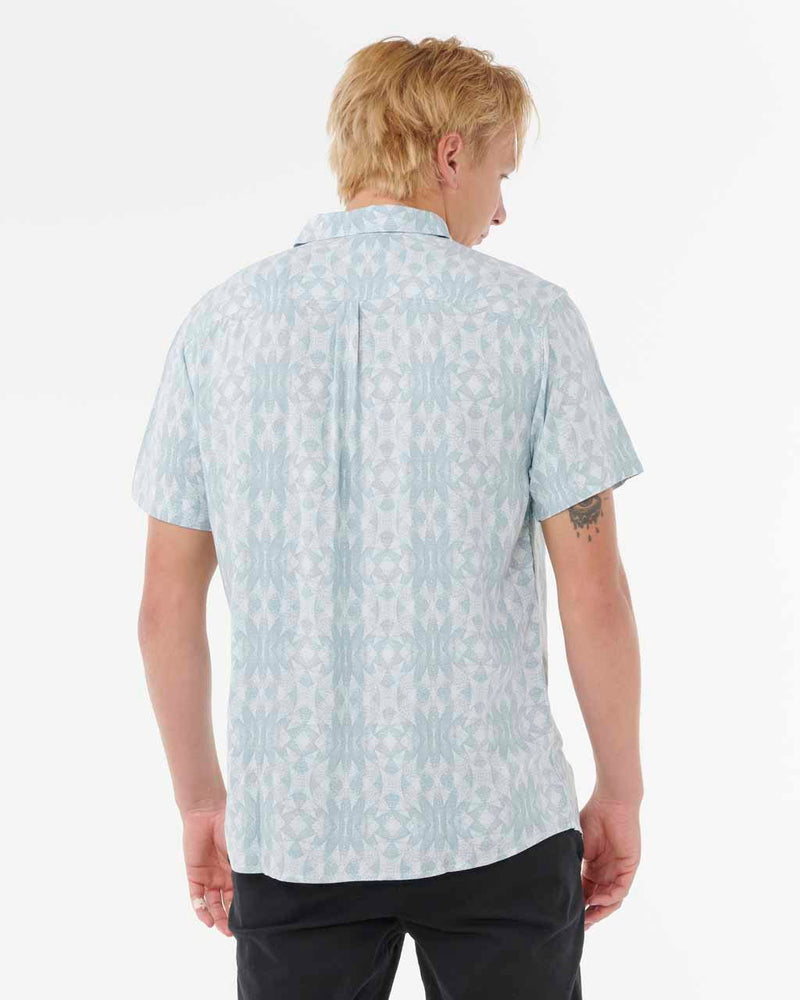 Back view of light blue patterned short sleeve shirt.