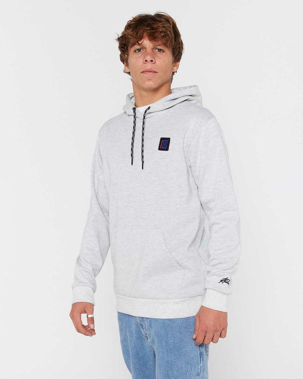 Light grey pullover hoodie with black drawstrings and embroidered chest logo, worn with relaxed fit jeans.