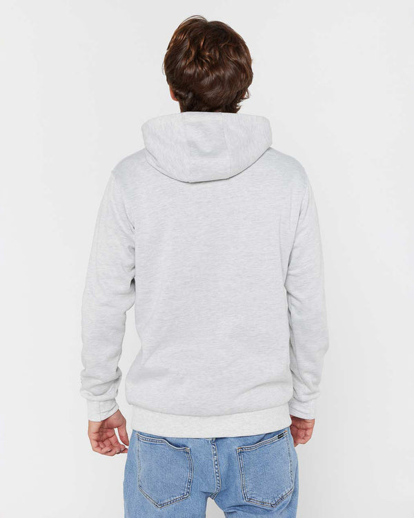 Back view of a light grey hoodie with a relaxed fit and ribbed hem, paired with light blue denim jeans.
