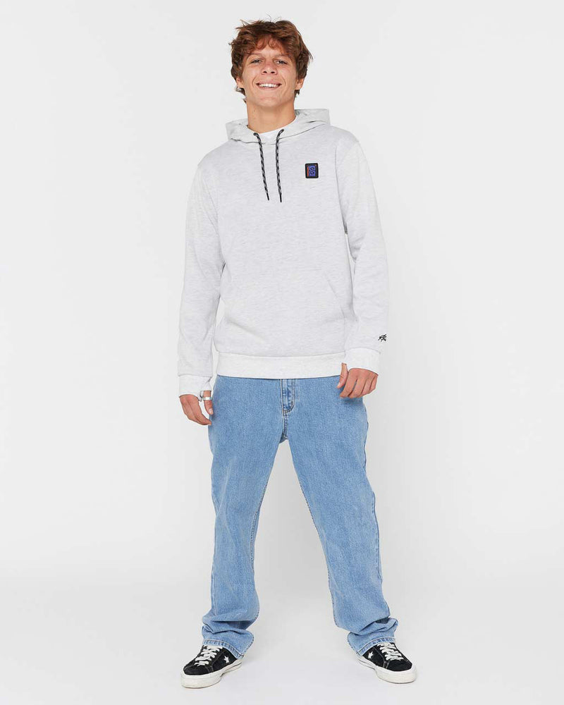 Full outfit with grey hoodie, light wash baggy jeans and black Vans sneakers, styled for casual streetwear.