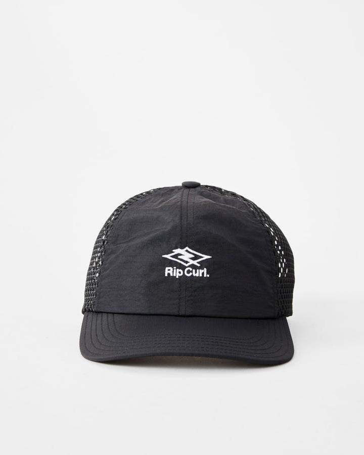 Black mesh-back cap with structured front panel, curved peak, and white Rip Curl logo embroidered on the front.
