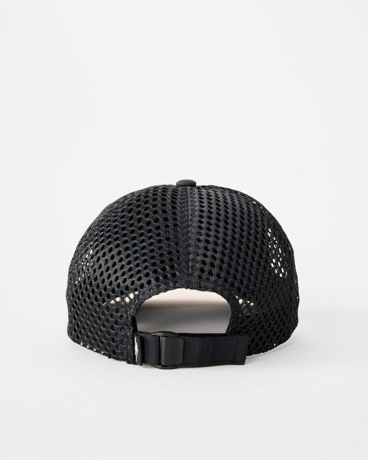 Back view of black cap with adjustable strap and breathable mesh panels for ventilation.