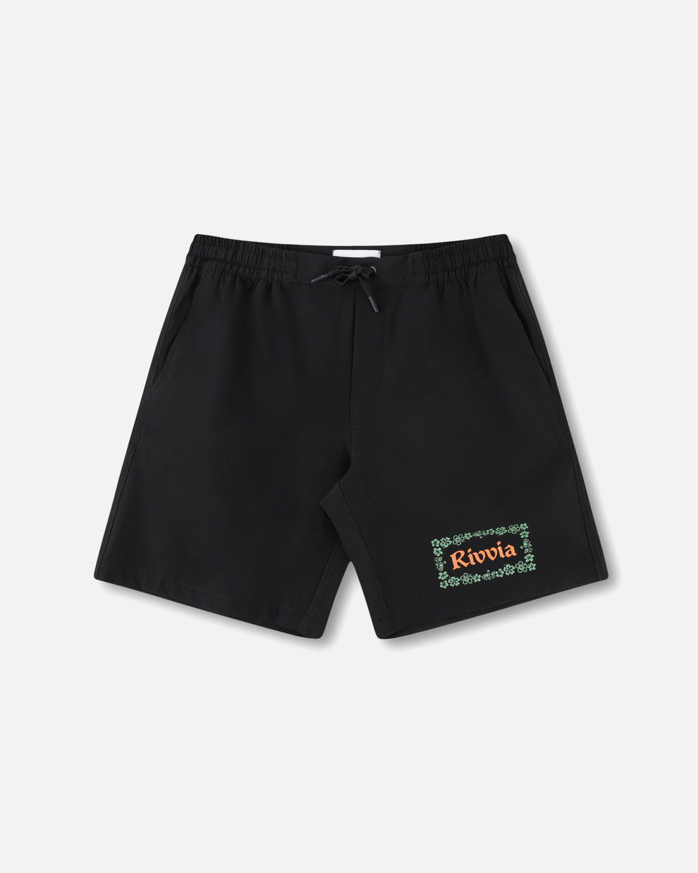 Black shorts with elastic waist and Rivvia floral logo print