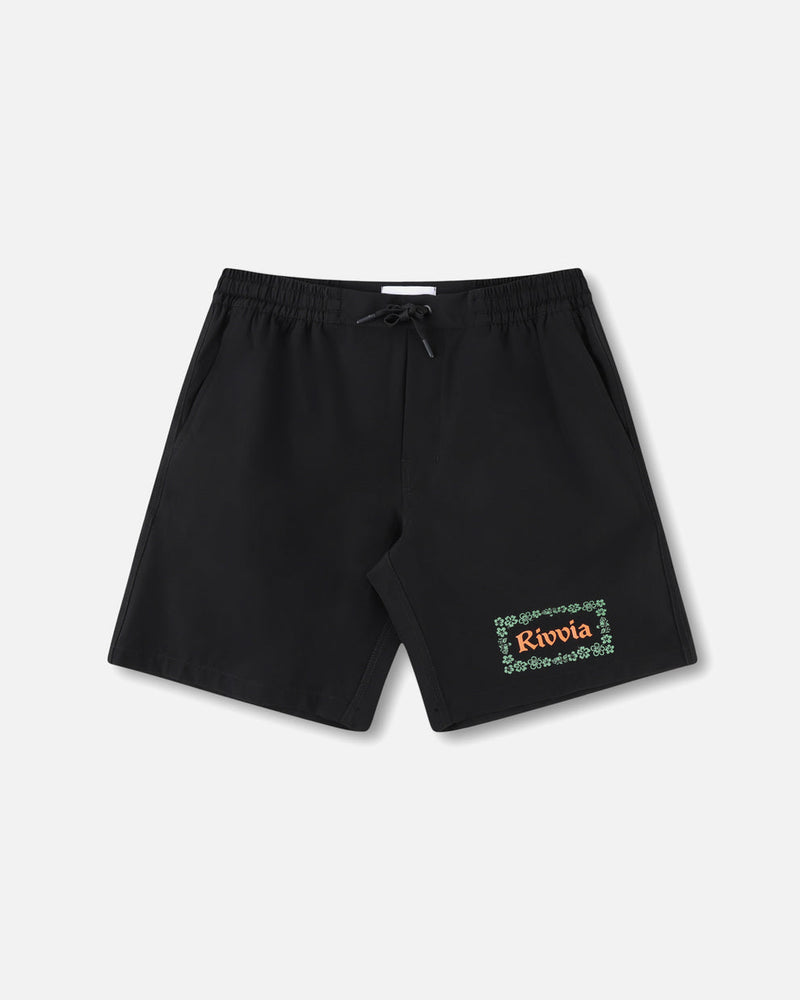Black shorts with elastic waist and Rivvia floral logo print