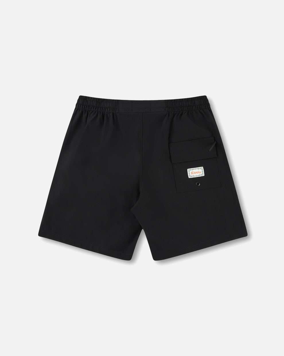 Back view of black shorts with flap pocket and Rivvia patch
