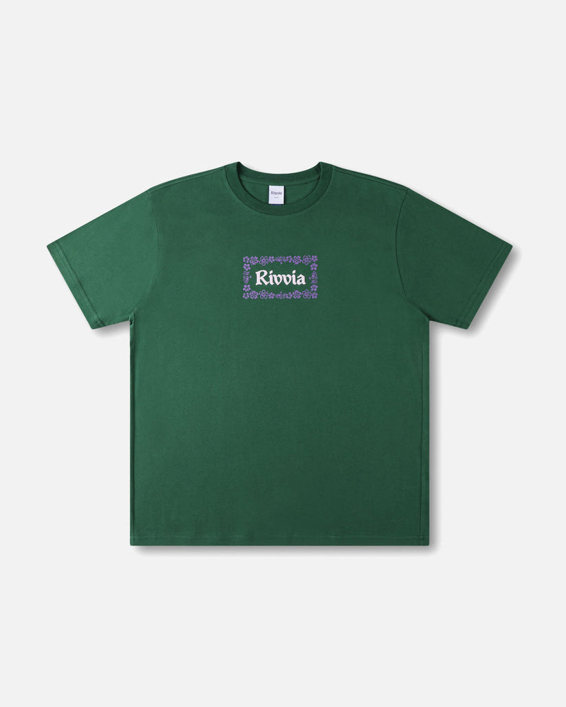 Green t-shirt with Rivvia logo and purple floral border on chest, short sleeves and crew neck
