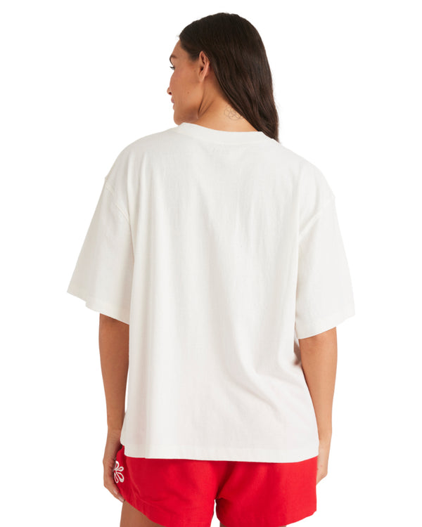 Back view of relaxed-fit white t-shirt with no graphic detail.