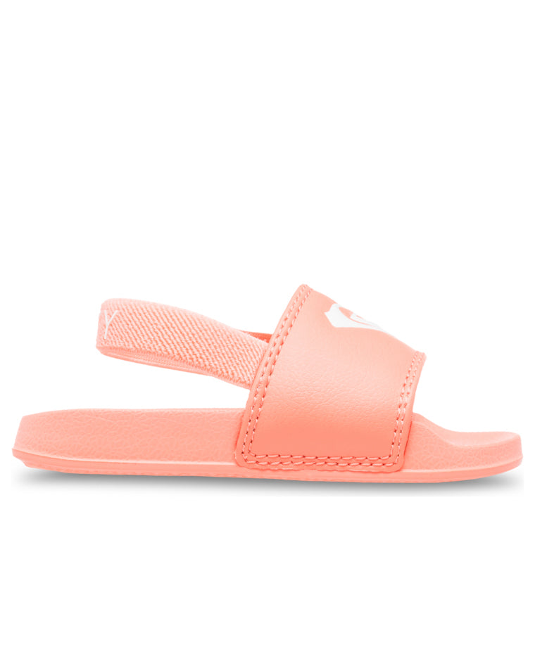 Side view of toddler coral Roxy sandals with wide strap and elastic heel band.